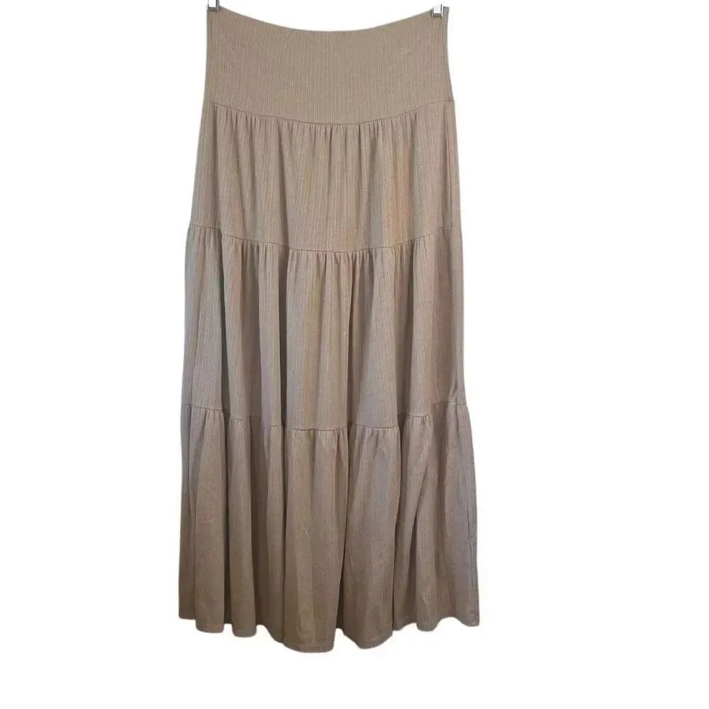 Ces Femme Creme Boho Tiered Maxi Long Knit Skirt XL